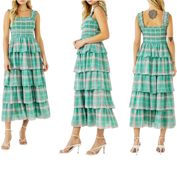 English Factory Dresses & Skirts - ENGLISH FACTORY Midaxi Smocked Sundress Green Plaid Tiered Square Neck Cottage L